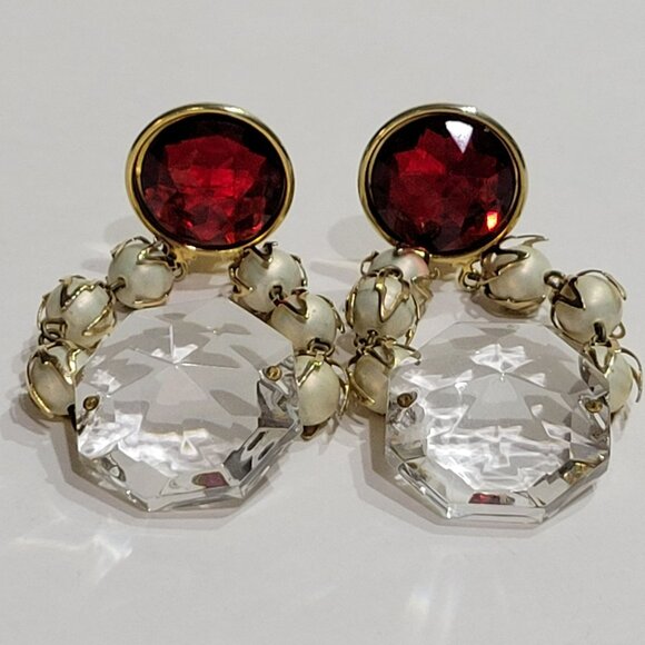 Vintage Clip-On Chandelier Earrings Red Gem Faux Pearl Accents & Crystal Drops - Picture 4 of 16